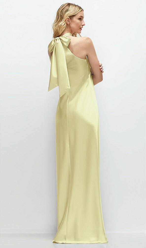 Back View - Butter Yellow Stand Collar Bias Satin Maxi Dress with Self-Tie Bow Back