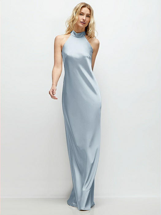 Stand Collar Bias Satin Maxi Dress with Self-Tie Bow Back