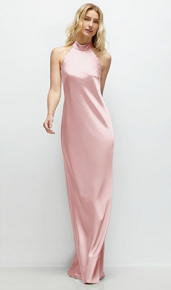 Front View - Ballet Pink Stand Collar Bias Satin Maxi Dress with Self-Tie Bow Back