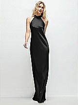 Front View Thumbnail - Black Stand Collar Bias Satin Maxi Dress with Self-Tie Bow Back