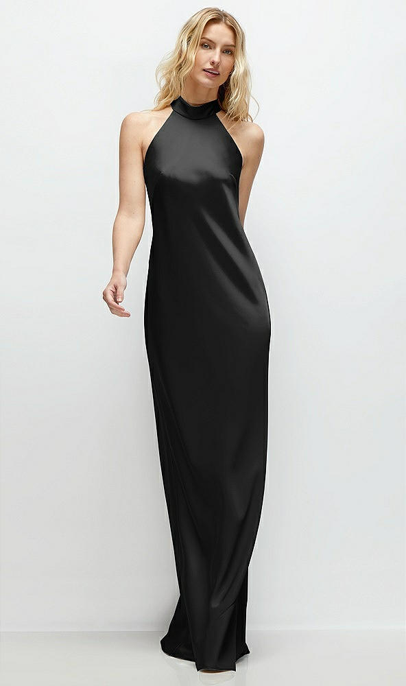 Front View - Black Stand Collar Bias Satin Maxi Dress with Self-Tie Bow Back