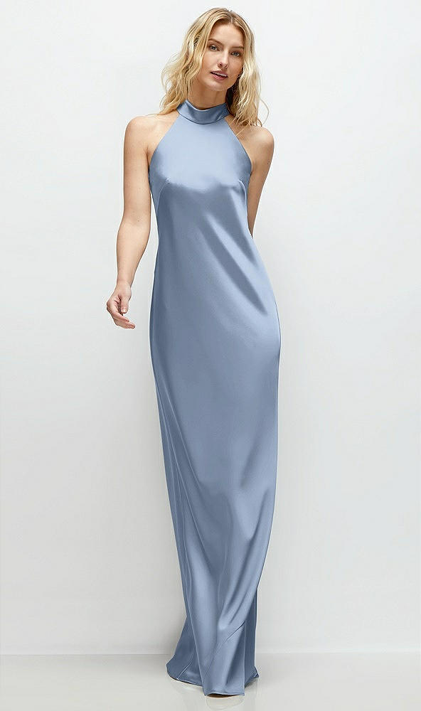 Front View - Cloudy Stand Collar Bias Satin Maxi Dress with Self-Tie Bow Back