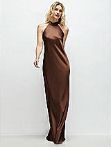 Front View Thumbnail - Cognac Stand Collar Bias Satin Maxi Dress with Self-Tie Bow Back