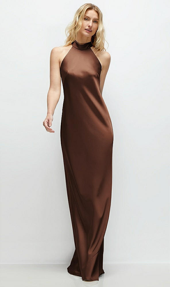 Front View - Cognac Stand Collar Bias Satin Maxi Dress with Self-Tie Bow Back