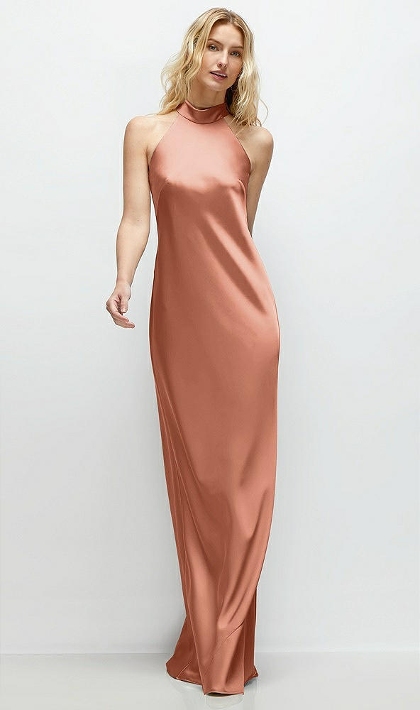 Front View - Copper Penny Stand Collar Bias Satin Maxi Dress with Self-Tie Bow Back