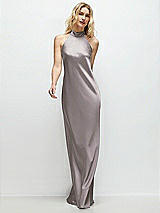 Front View Thumbnail - Cashmere Gray Stand Collar Bias Satin Maxi Dress with Self-Tie Bow Back