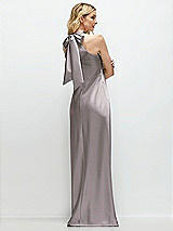 Rear View Thumbnail - Cashmere Gray Stand Collar Bias Satin Maxi Dress with Self-Tie Bow Back