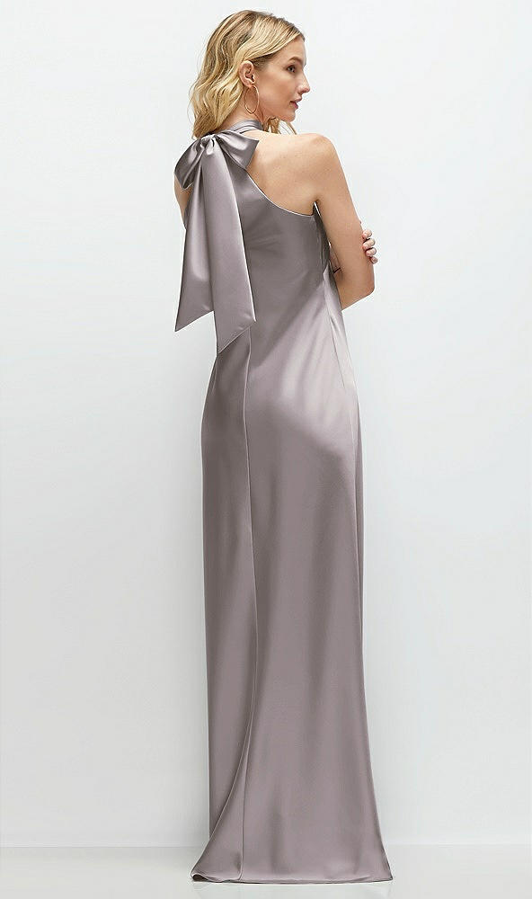 Back View - Cashmere Gray Stand Collar Bias Satin Maxi Dress with Self-Tie Bow Back