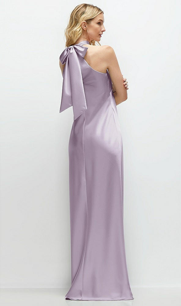 Back View - Lilac Haze Stand Collar Bias Satin Maxi Dress with Self-Tie Bow Back