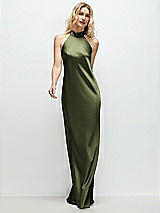 Front View Thumbnail - Olive Green Stand Collar Bias Satin Maxi Dress with Self-Tie Bow Back