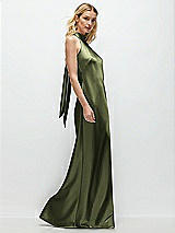 Side View Thumbnail - Olive Green Stand Collar Bias Satin Maxi Dress with Self-Tie Bow Back