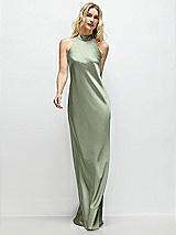 Front View Thumbnail - Sage Stand Collar Bias Satin Maxi Dress with Self-Tie Bow Back