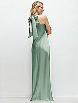 Rear View Thumbnail - Seagrass Stand Collar Bias Satin Maxi Dress with Self-Tie Bow Back