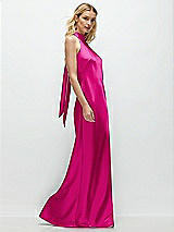 Side View Thumbnail - Think Pink Stand Collar Bias Satin Maxi Dress with Self-Tie Bow Back