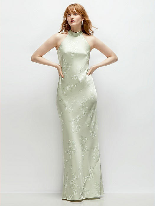 Floral Stand Collar Bias Satin Maxi Dress with Self-Tie Bow Back