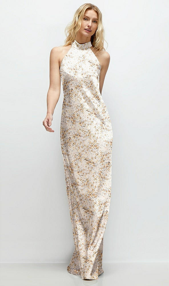 Front View - Golden Hour Floral Stand Collar Bias Satin Maxi Dress with Self-Tie Bow Back