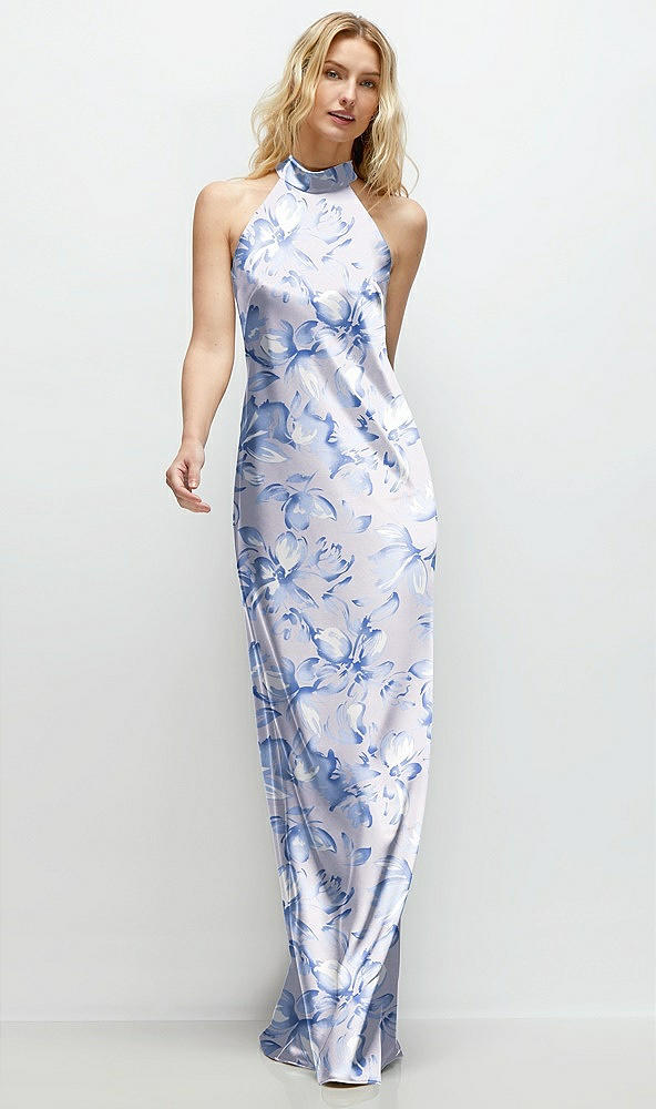 Front View - Magnolia Sky Floral Stand Collar Bias Satin Maxi Dress with Self-Tie Bow Back