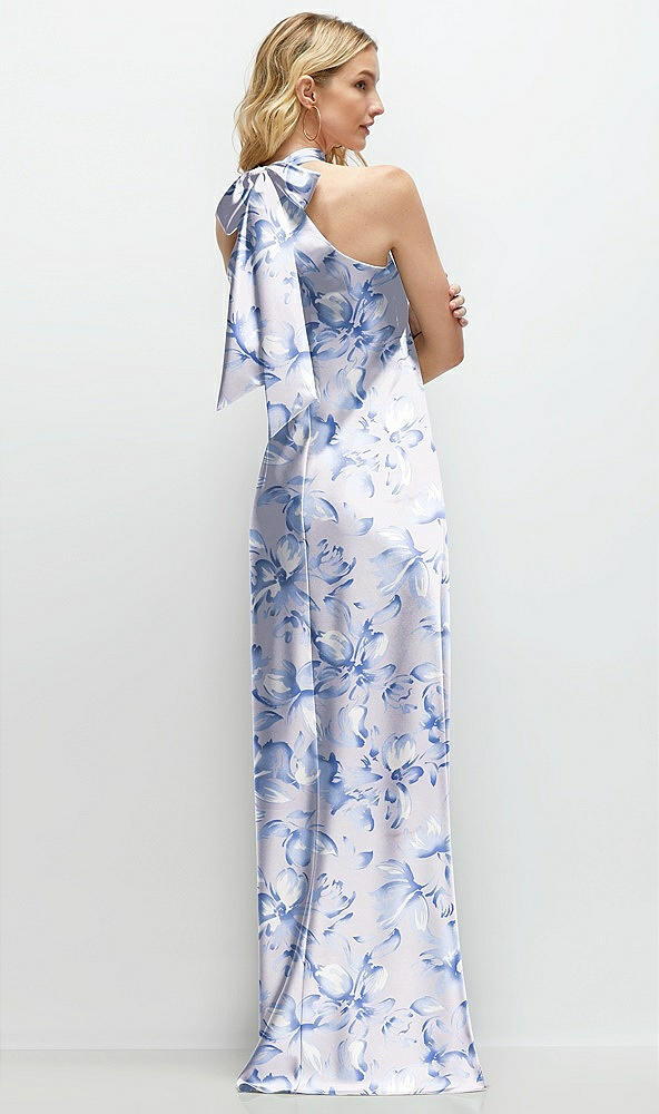 Back View - Magnolia Sky Floral Stand Collar Bias Satin Maxi Dress with Self-Tie Bow Back