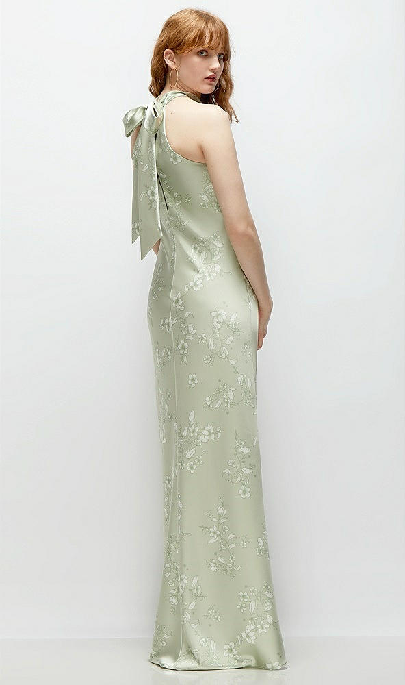 Back View - Vintage Primrose Celadon Floral Stand Collar Bias Satin Maxi Dress with Self-Tie Bow Back