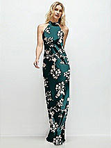 Front View Thumbnail - Vintage Primrose Evergreen Floral Stand Collar Bias Satin Maxi Dress with Self-Tie Bow Back