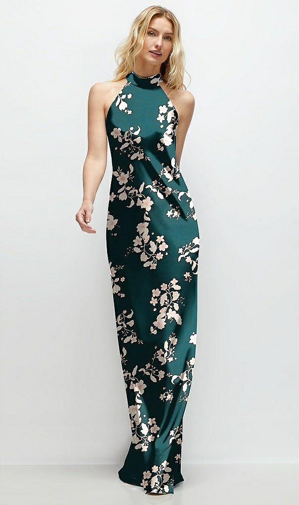 Front View - Vintage Primrose Evergreen Floral Stand Collar Bias Satin Maxi Dress with Self-Tie Bow Back