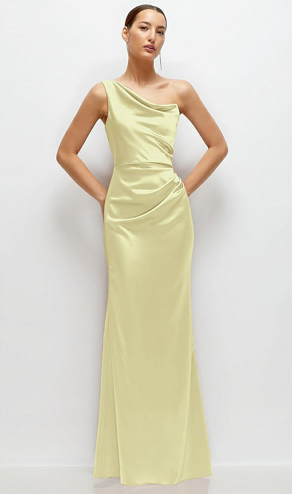 Front View - Butter Yellow One-Shoulder Cat-Eye Neckline Fit and Flare Satin Maxi Dress