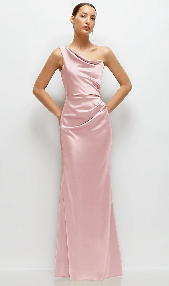 Front View - Ballet Pink One-Shoulder Cat-Eye Neckline Fit and Flare Satin Maxi Dress