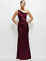 Front View Thumbnail - Cabernet One-Shoulder Cat-Eye Neckline Fit and Flare Satin Maxi Dress