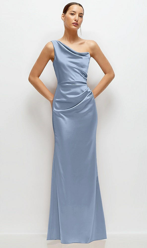 Front View - Cloudy One-Shoulder Cat-Eye Neckline Fit and Flare Satin Maxi Dress