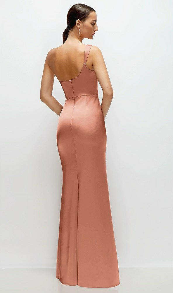 Back View - Copper Penny One-Shoulder Cat-Eye Neckline Fit and Flare Satin Maxi Dress