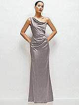 Front View Thumbnail - Cashmere Gray One-Shoulder Cat-Eye Neckline Fit and Flare Satin Maxi Dress