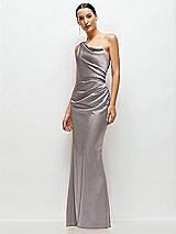 Side View Thumbnail - Cashmere Gray One-Shoulder Cat-Eye Neckline Fit and Flare Satin Maxi Dress