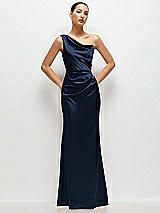 Front View Thumbnail - Midnight Navy One-Shoulder Cat-Eye Neckline Fit and Flare Satin Maxi Dress