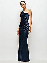 Side View Thumbnail - Midnight Navy One-Shoulder Cat-Eye Neckline Fit and Flare Satin Maxi Dress