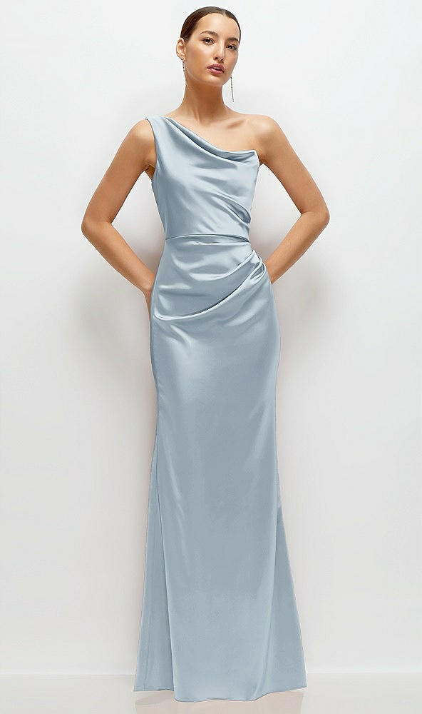 Front View - Mist One-Shoulder Cat-Eye Neckline Fit and Flare Satin Maxi Dress