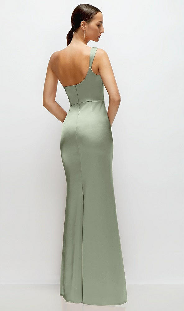 Back View - Sage One-Shoulder Cat-Eye Neckline Fit and Flare Satin Maxi Dress