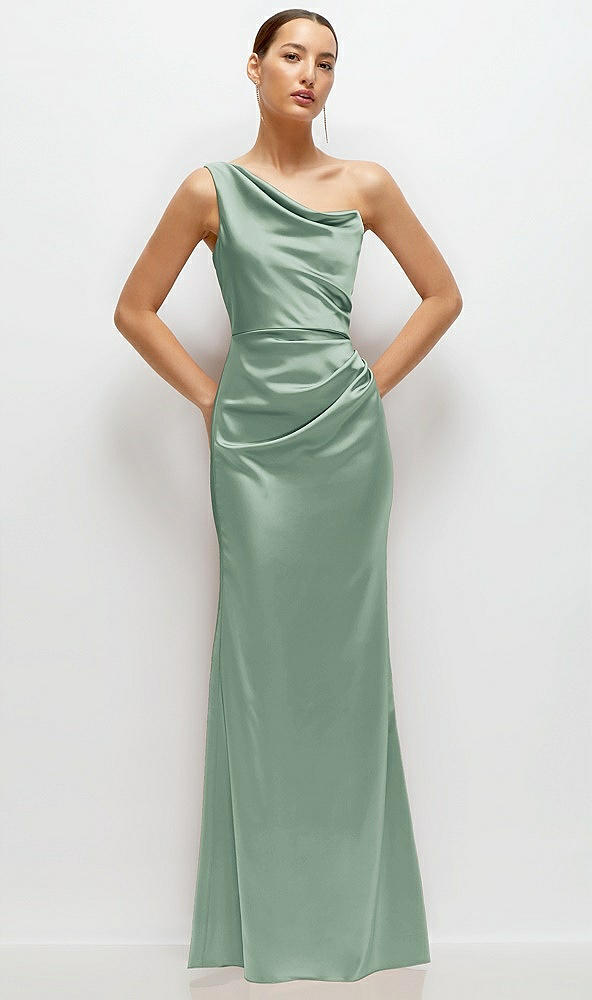 Front View - Seagrass One-Shoulder Cat-Eye Neckline Fit and Flare Satin Maxi Dress