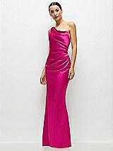 Side View Thumbnail - Think Pink One-Shoulder Cat-Eye Neckline Fit and Flare Satin Maxi Dress