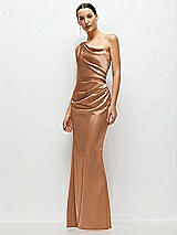 Side View Thumbnail - Toffee One-Shoulder Cat-Eye Neckline Fit and Flare Satin Maxi Dress