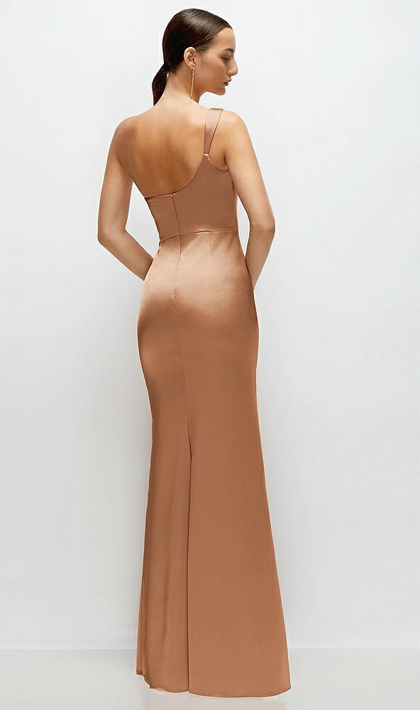 Back View - Toffee One-Shoulder Cat-Eye Neckline Fit and Flare Satin Maxi Dress