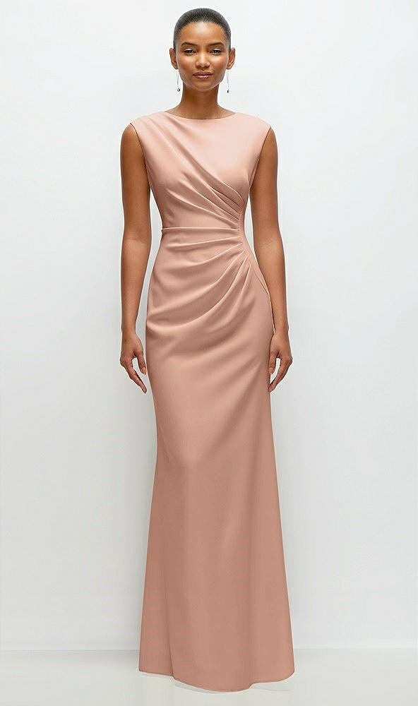 Front View - Pale Peach Sleeveless Cap Shoulder Crepe Maxi Dress with Trumpet Skirt