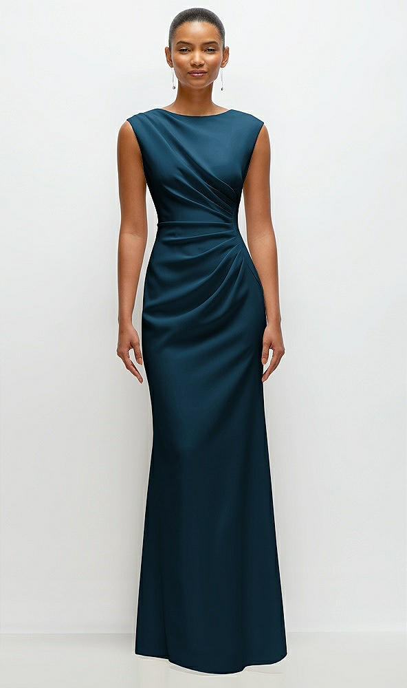 Front View - Atlantic Blue Sleeveless Cap Shoulder Crepe Maxi Dress with Trumpet Skirt