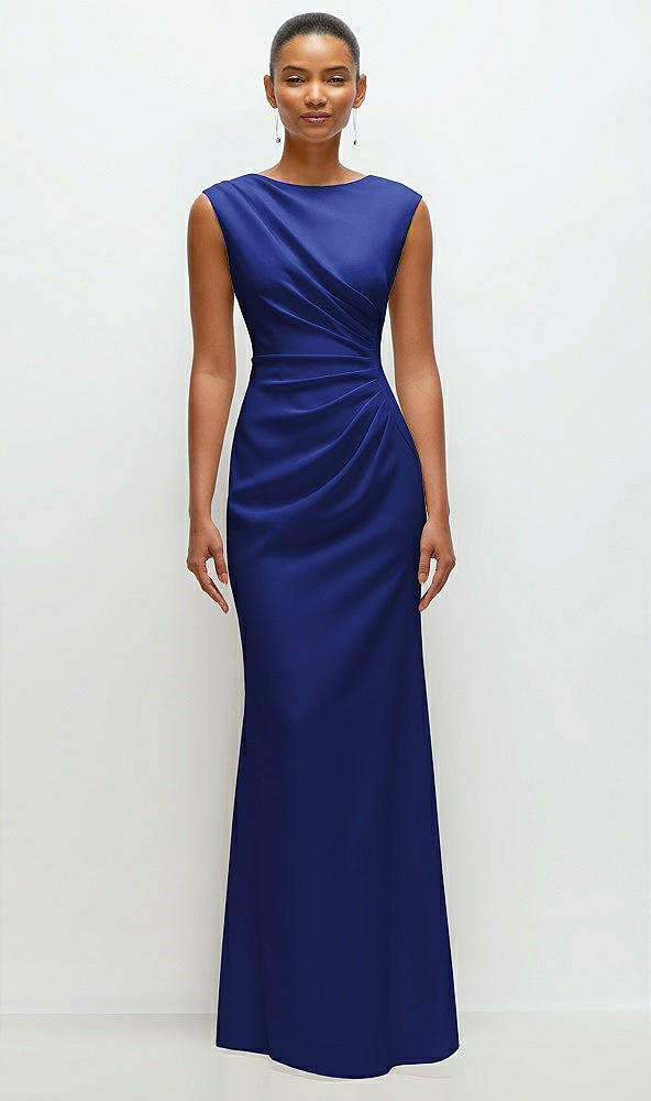 Front View - Cobalt Blue Sleeveless Cap Shoulder Crepe Maxi Dress with Trumpet Skirt