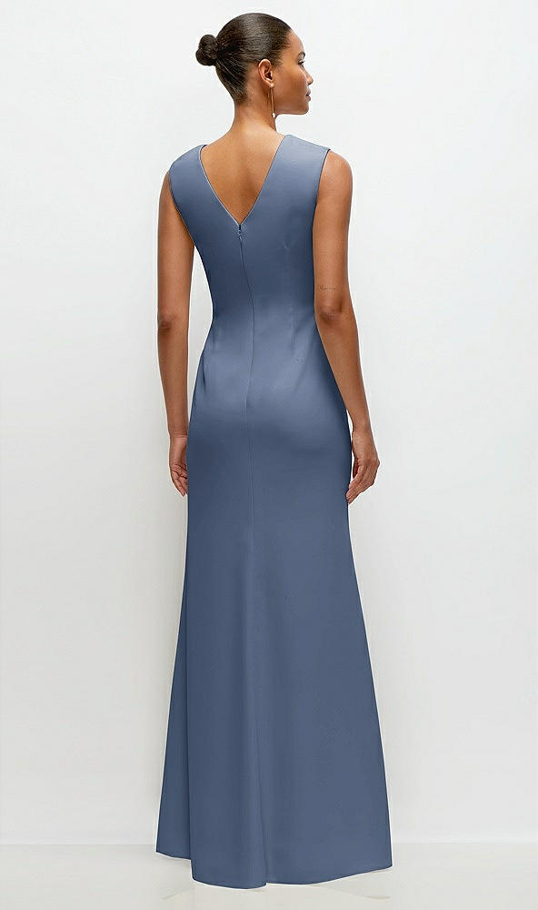 Back View - Larkspur Blue Sleeveless Cap Shoulder Crepe Maxi Dress with Trumpet Skirt