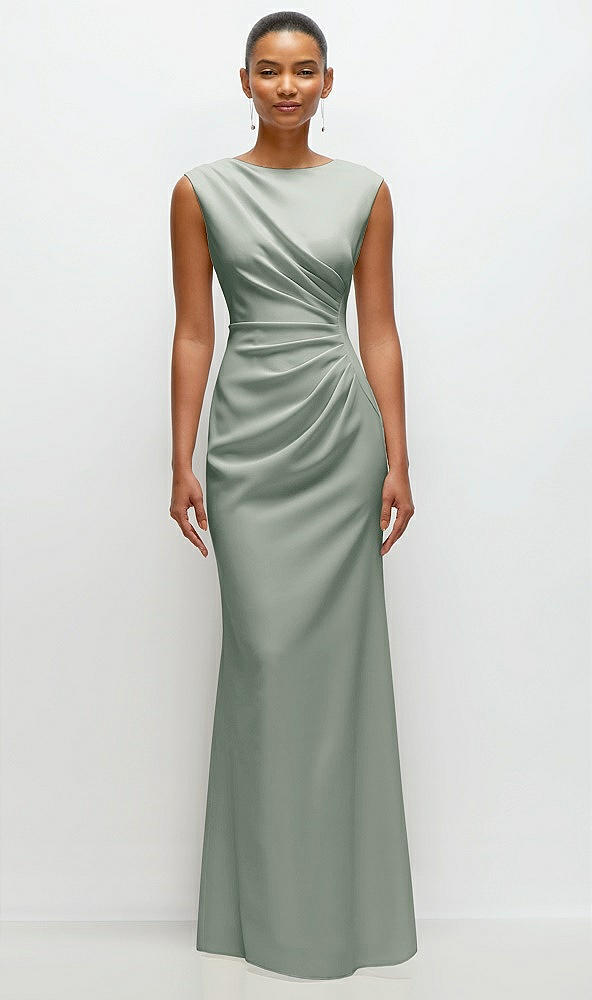 Front View - Willow Green Sleeveless Cap Shoulder Crepe Maxi Dress with Trumpet Skirt