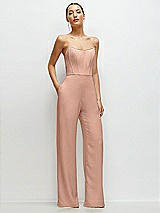 Front View Thumbnail - Pale Peach Strapless Cat-Eye Corset Crepe Wedding Jumpsuit