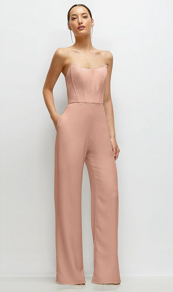 Front View - Pale Peach Strapless Cat-Eye Corset Crepe Wedding Jumpsuit