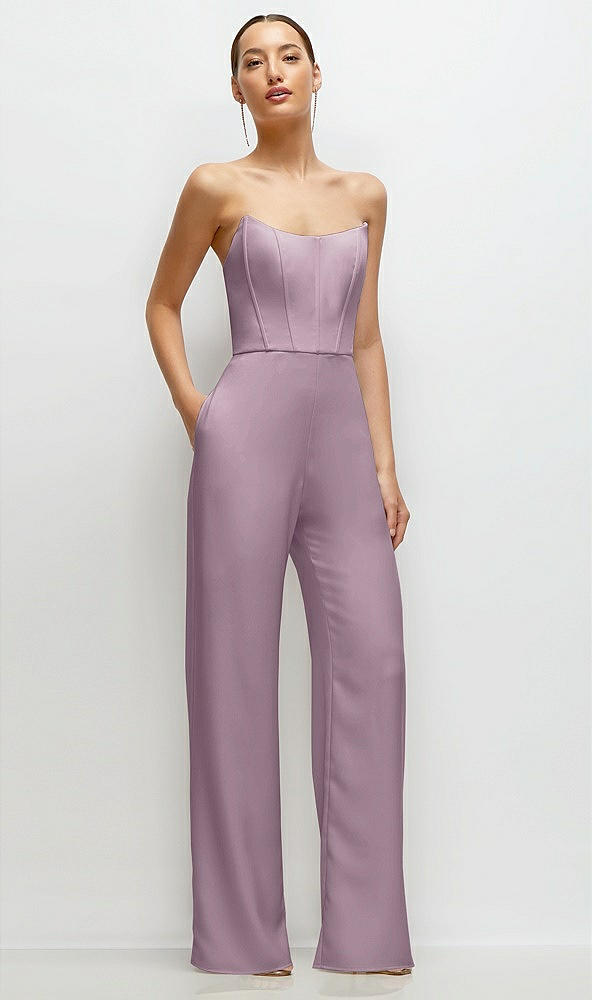 Front View - Suede Rose Strapless Cat-Eye Corset Crepe Wedding Jumpsuit