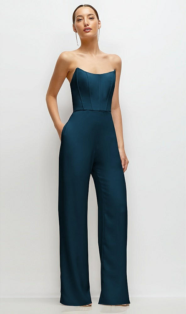 Front View - Atlantic Blue Strapless Cat-Eye Corset Crepe Wedding Jumpsuit