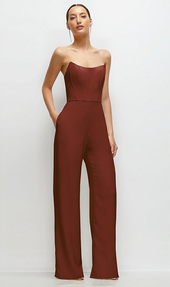 Front View - Auburn Moon Strapless Cat-Eye Corset Crepe Wedding Jumpsuit